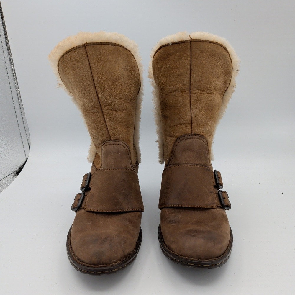 Born Amaze Brown Leather Shearling Lined Mid-Calf Buckle Boots Womens 6 36.5 - Picture 3 of 9